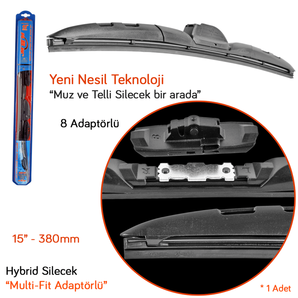RBW 92815 Hybrid Multi-Fit 8 Adaptörlü 15 inç / 380 mm Silecek
