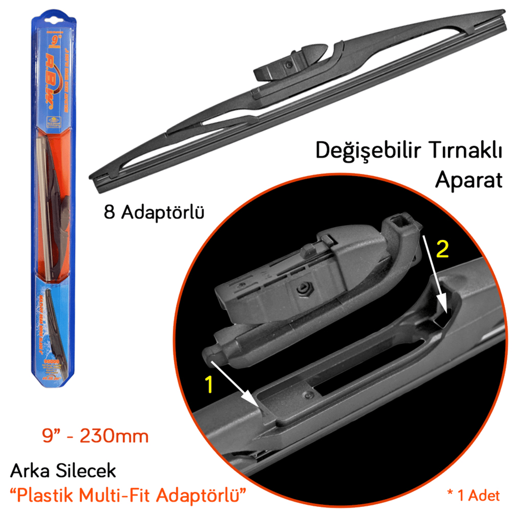 RBW 95009 Plastik Multi-Fit 8 Adaptörlü 9 inç / 230 mm Arka Silecek