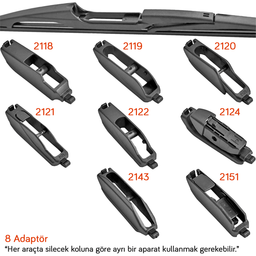 RBW 95009 Plastik Multi-Fit 8 Adaptörlü 9 inç / 230 mm Arka Silecek