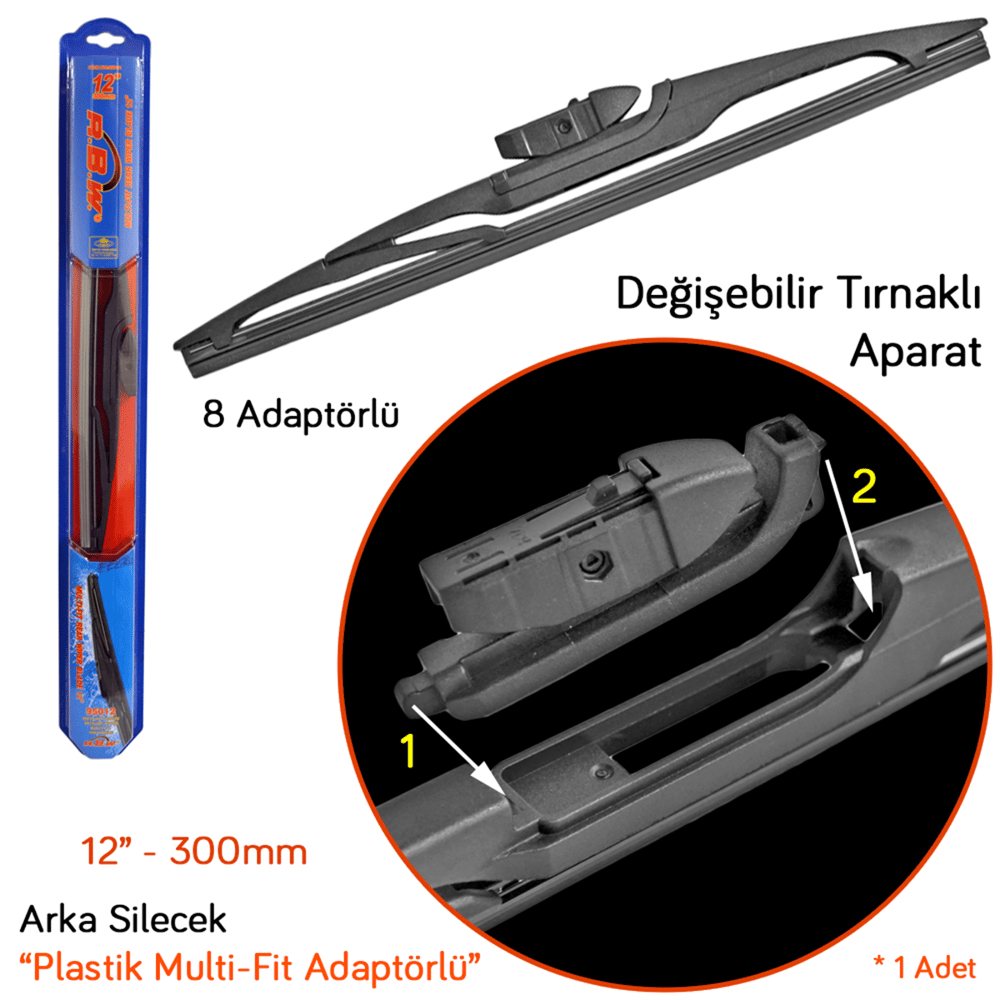 RBW 95012 Plastik Multi-Fit 8 Adaptörlü 12 inç / 300 mm Arka Silecek