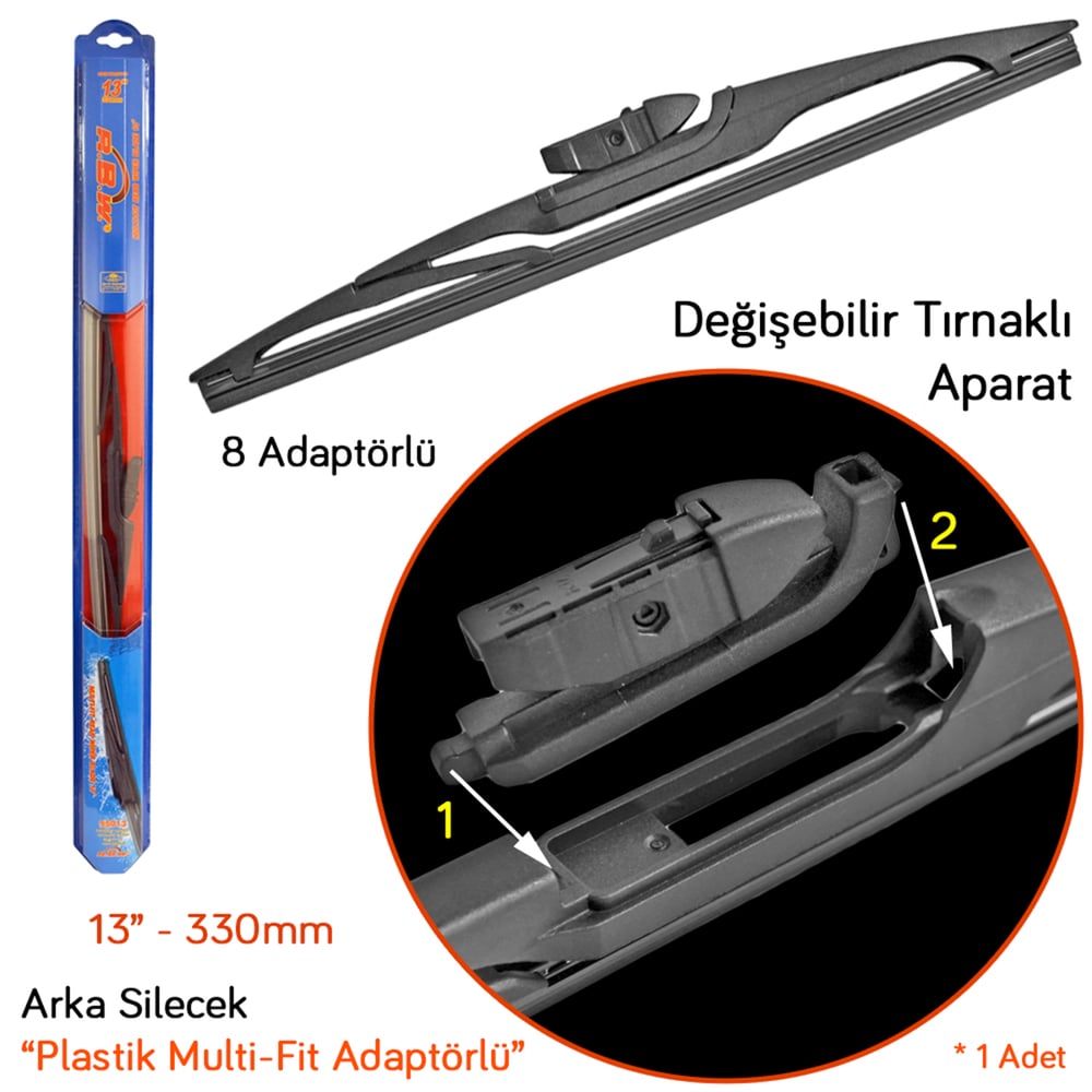 RBW 95013 Plastik Multi-Fit 8 Adaptörlü 13 inç / 330 mm Arka Silecek