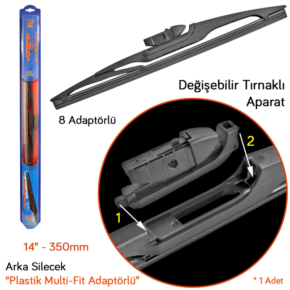 RBW 95014 Plastik Multi-Fit 8 Adaptörlü 14 inç / 350 mm Arka Silecek