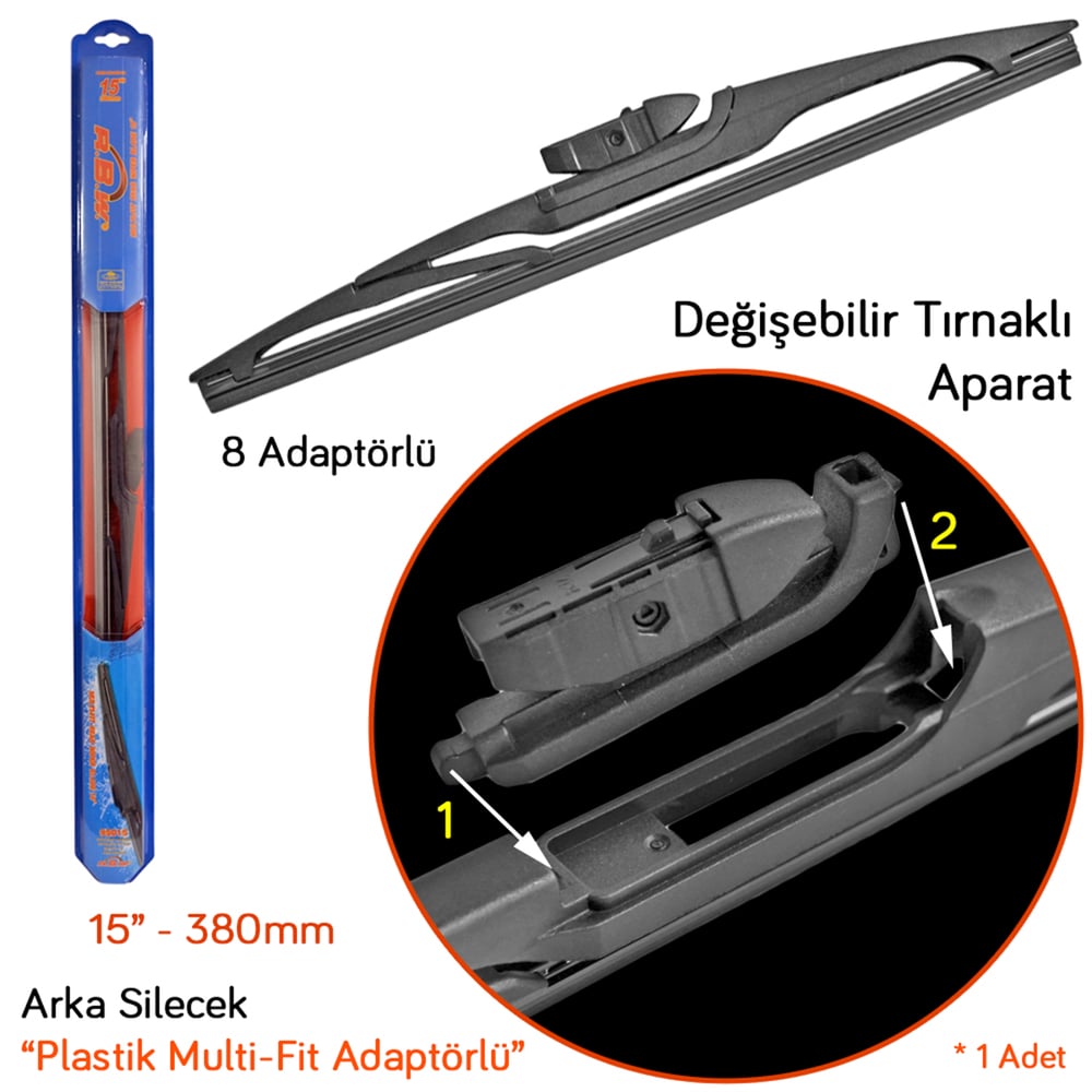 RBW 95015 Plastik Multi-Fit 8 Adaptörlü 15 inç / 380 mm Arka Silecek