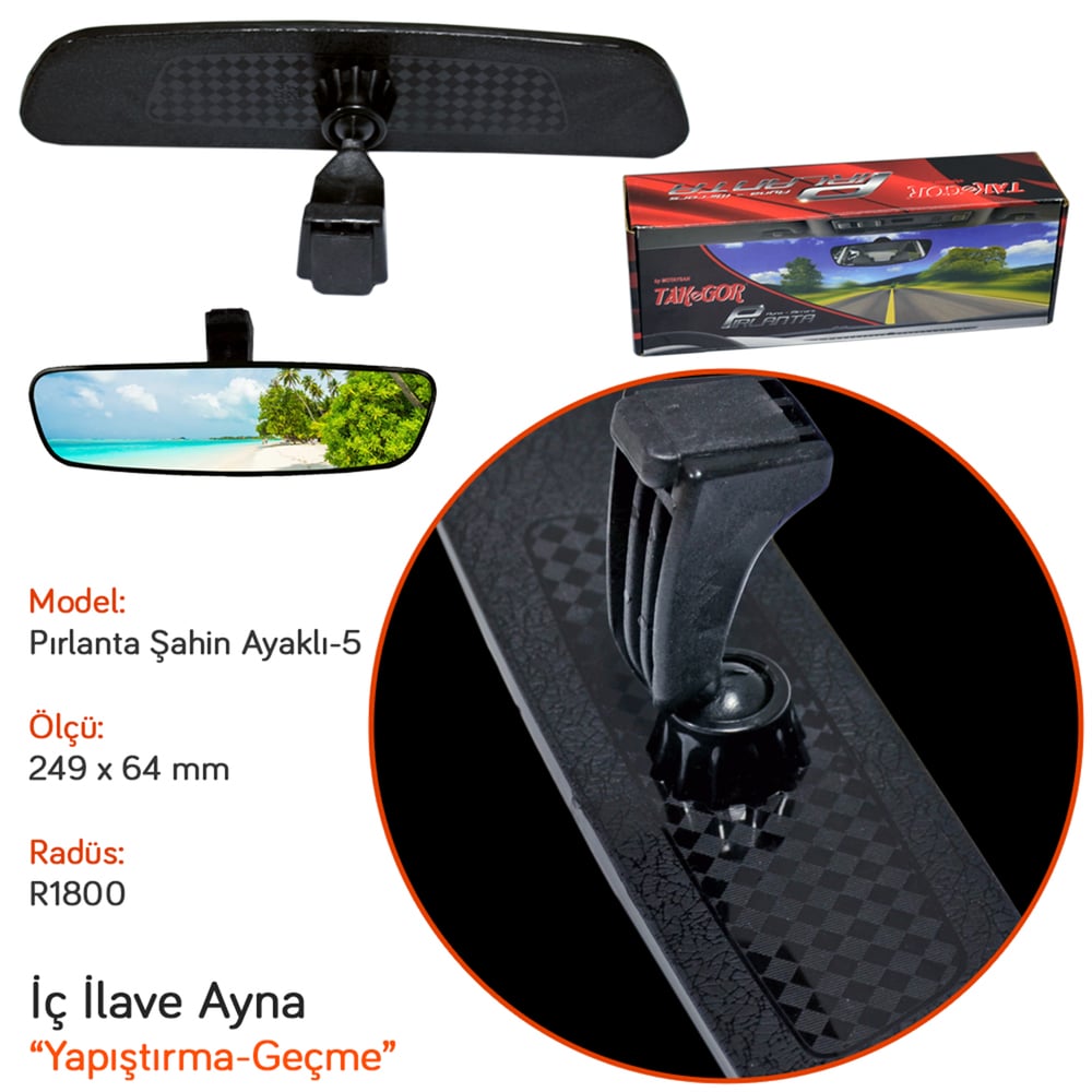 TakGör İç Dikiz Ayna Pırlanta Şahin Ayaklı-5 R1800 249x64 mm Siyah 1.635.026