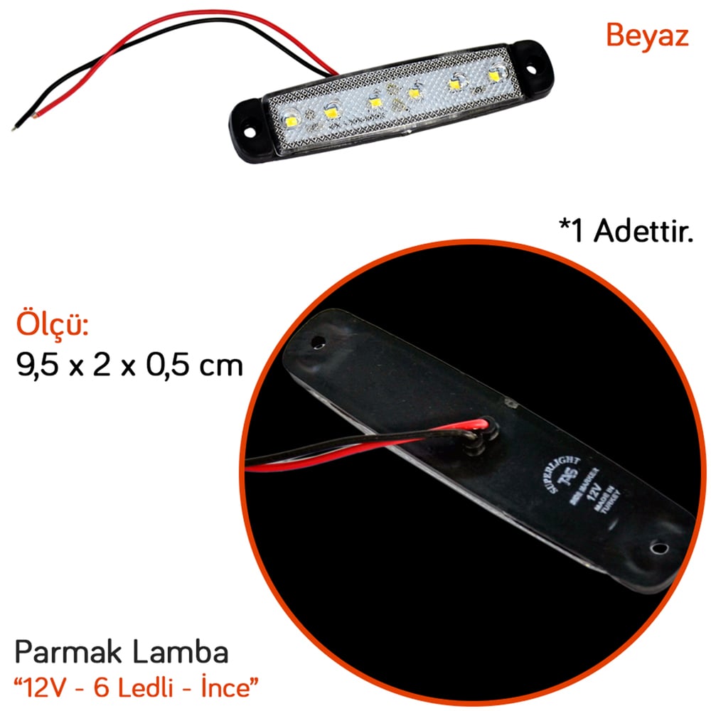 TAS 12V Parmak Lamba 6 Ledli Beyaz 9,5x2 cm İnce TAS.004B-12 (10 lu)