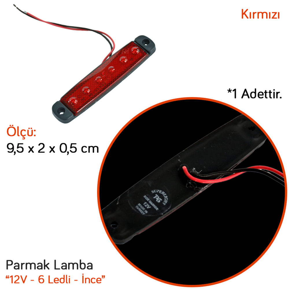TAS 12V Parmak Lamba 6 Ledli Kırmızı 9,5x2 cm İnce TAS.004K-12 (10 lu)