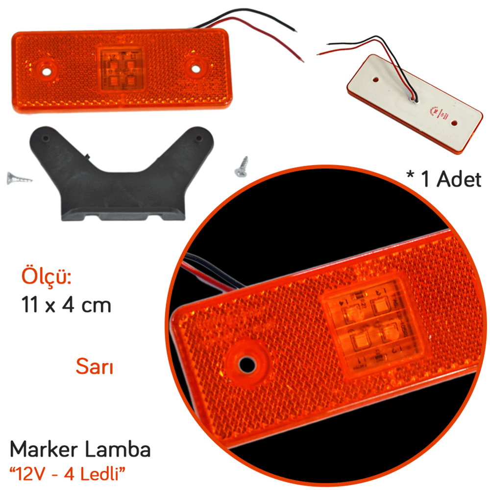 TAS 12V Side Marker Lamba 4 Ledli Sarı Braketli Arka Düz 11x4 cm TAS.003S-12 (2 li)