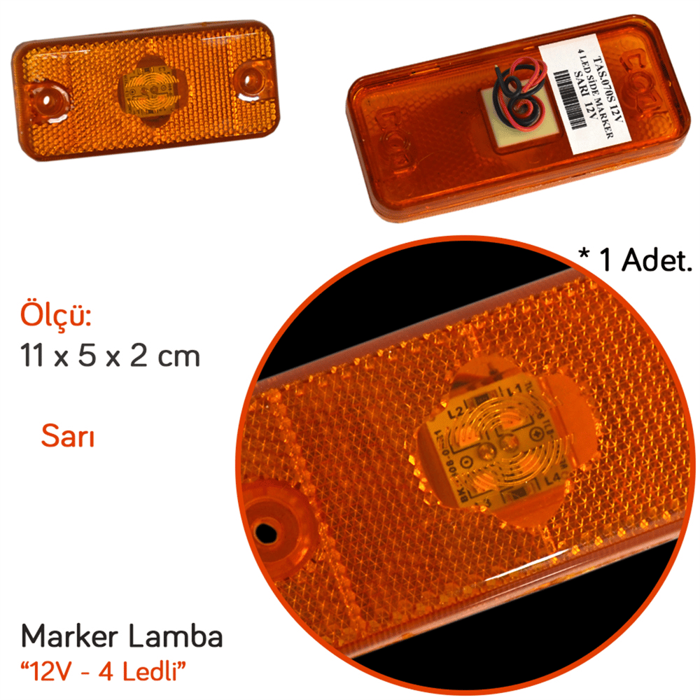 TAS 12V Side Marker Lamba 4 Ledli Sarı Braketsiz 11x5 cm (Jumper-Ducato) TAS.070S-12 (2 li)