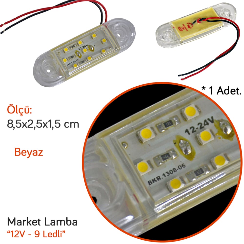 TAS 12V Side Marker Lamba 9 Ledli Beyaz 8,5x2,5 cm TAS.018B-12 (2 li)
