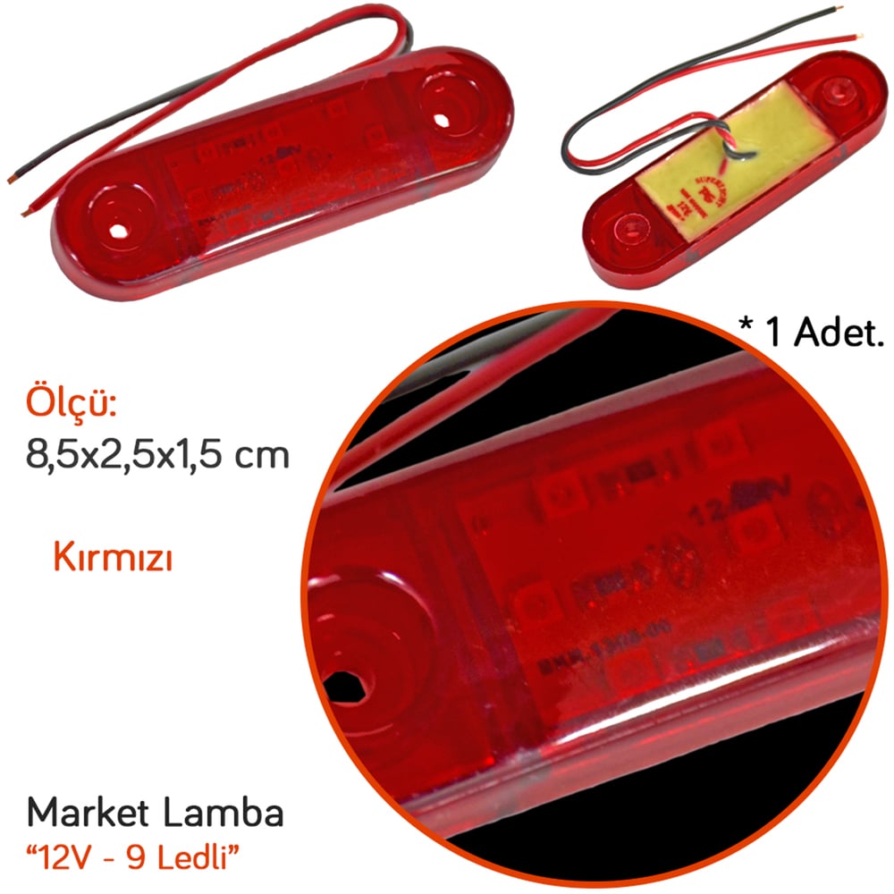 TAS 12V Side Marker Lamba 9 Ledli Kırmızı 8,5x2,5 cm TAS.018K-12 (2 li)