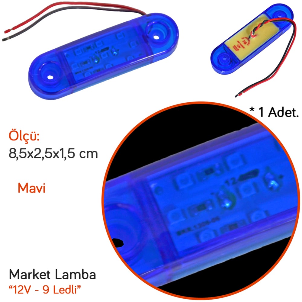 TAS 12V Side Marker Lamba 9 Ledli Mavi 8,5x2,5 cm TAS.018M-12 (2 li)