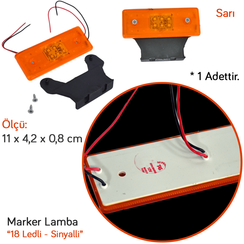 TAS 12V Side Marker Sinyalli Lamba 18 Ledli Sarı 11x4,2 cm TAS.034S-12 (2 li)