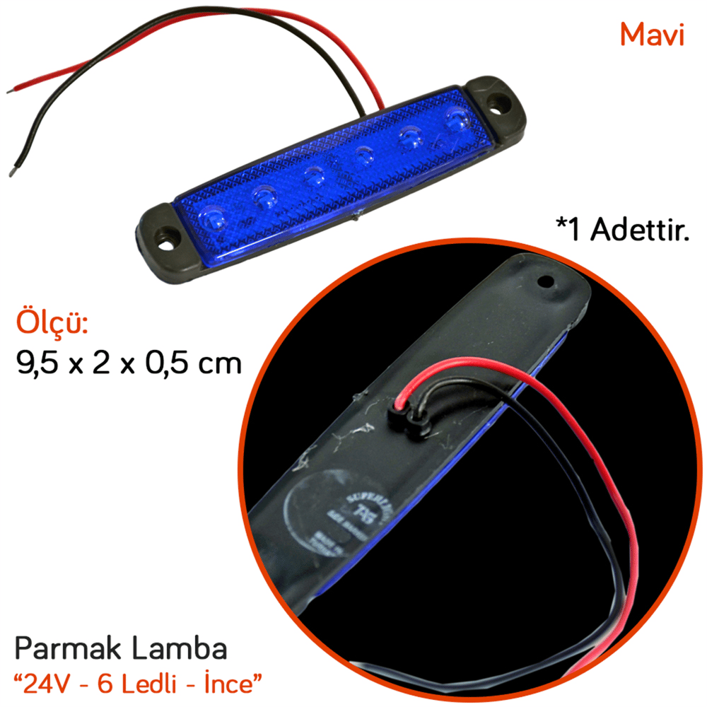 TAS 24V Parmak Lamba 6 Ledli Mavi 9,5x2 cm İnce TAS.004M-24 (10 lu)