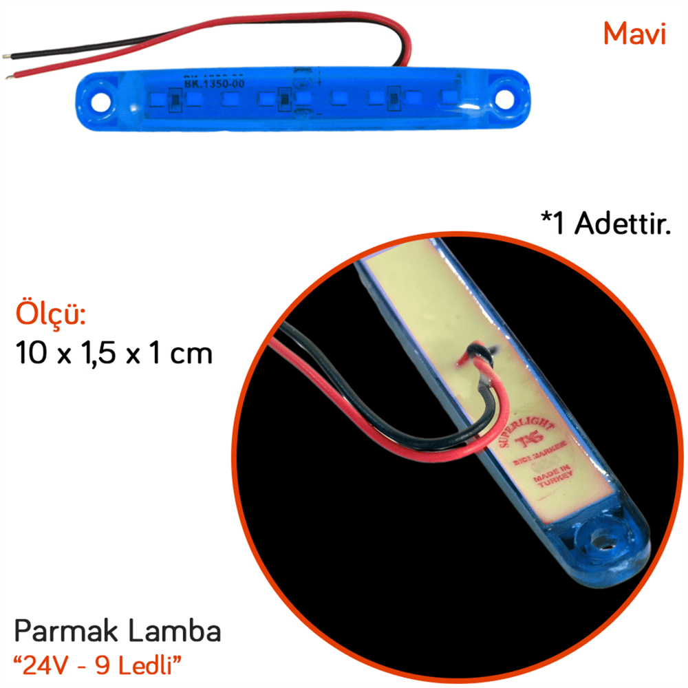 TAS 24V Parmak Lamba 9 Ledli Mavi 10x1,5 cm TAS.005M-24 (10 lu)