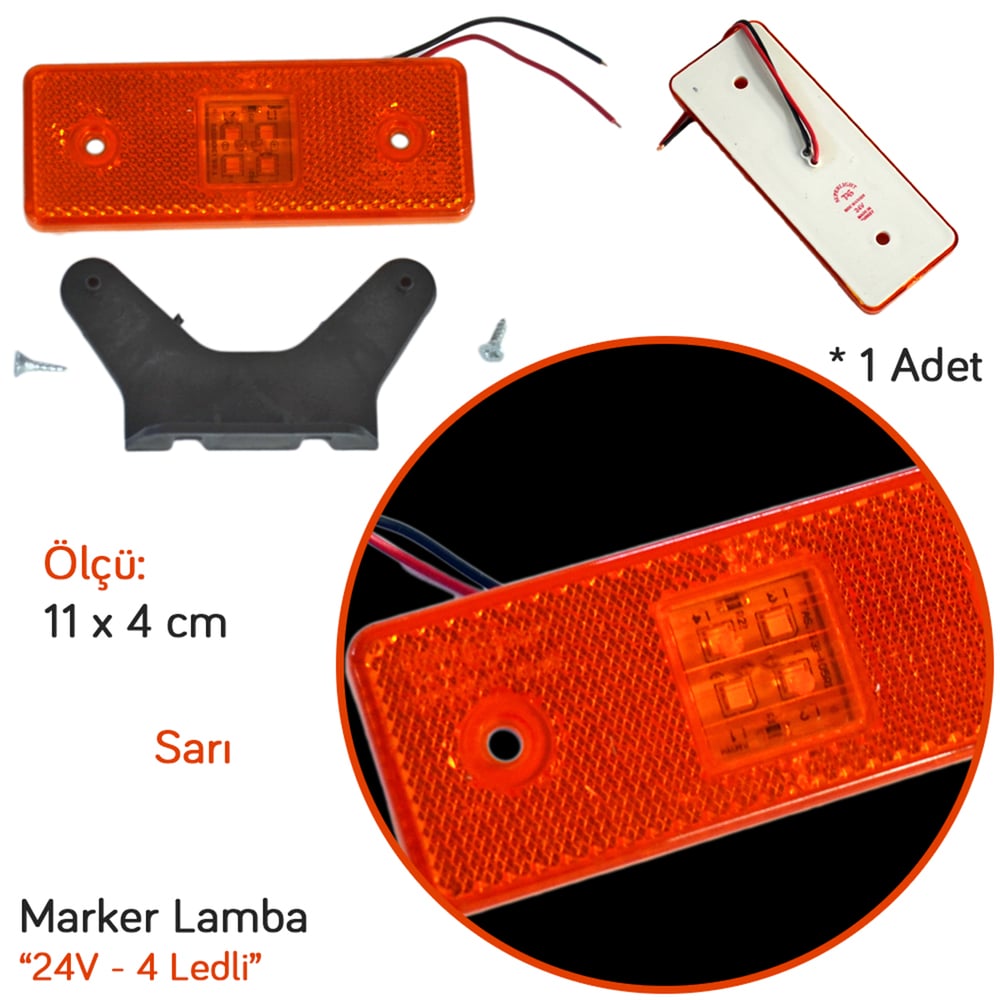 TAS 24V Side Marker Lamba 4 Ledli Sarı Braketli Arka Düz 11x4 cm TAS.003S-24 (2 li)