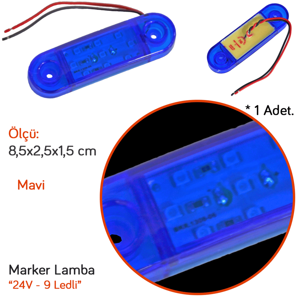 TAS 24V Side Marker Lamba 9 Ledli Mavi 8,5x2,5 cm TAS.018M-24 (2 li)