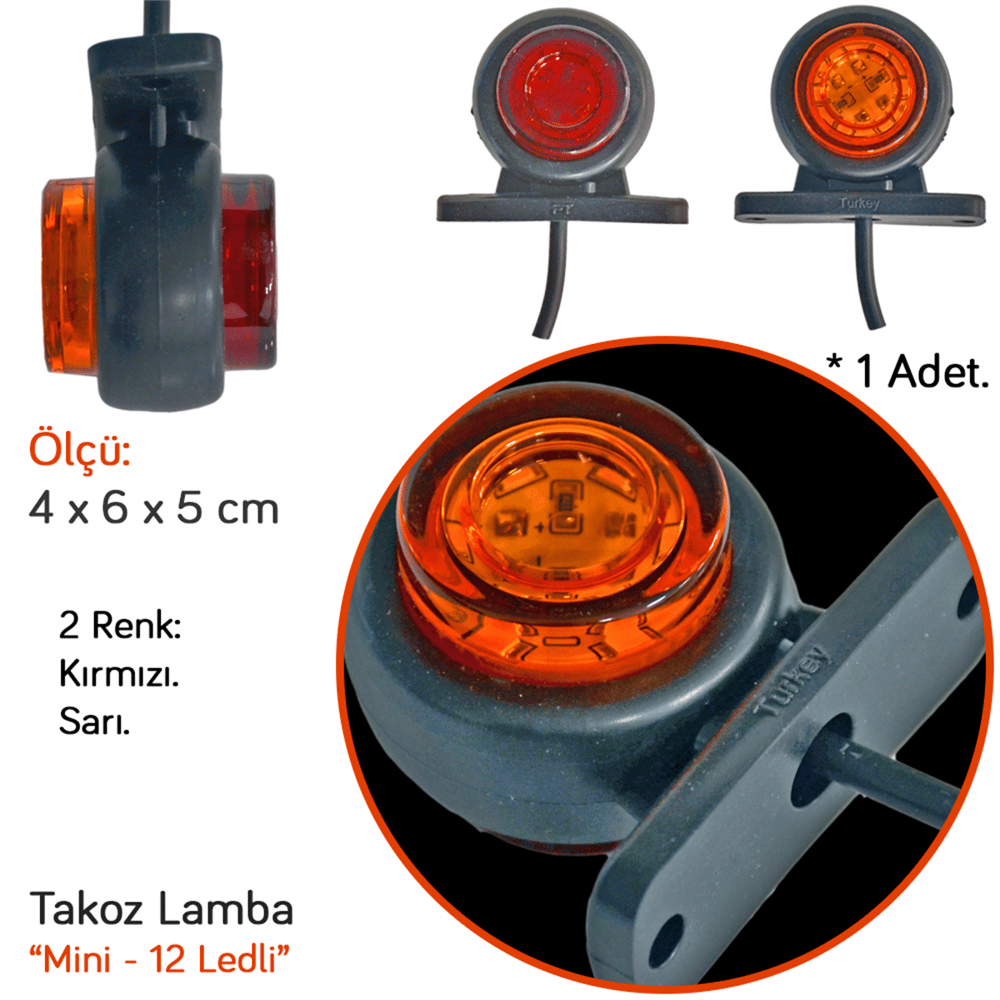 TAS Mini Takoz Düz Lamba 12 Ledli Kırmızı-Sarı BL014KS (2 li)