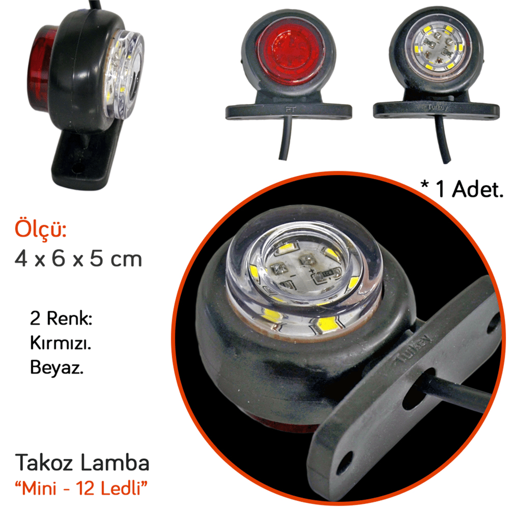 TAS Mini Takoz Düz Lamba 12 Ledli Kırmızı-Beyaz BL014KB (2 li)