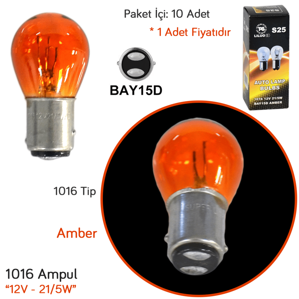 TAS Süperlight 12V 1016 Ampul 21/5W BAY15D Amber SL3703 (10 lu)