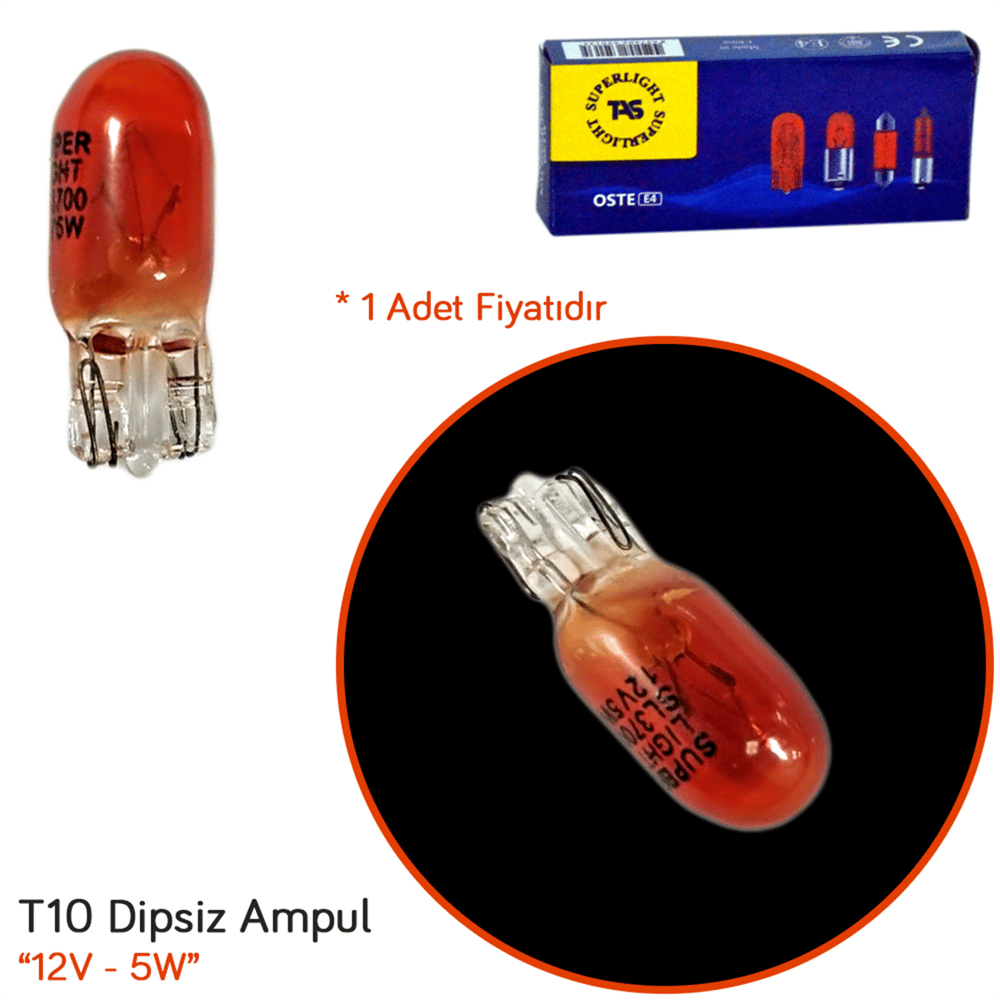 TAS Süperlight 12V T10 Ampul Büyük Dipsiz 5W Amber SL3700 (10 lu)