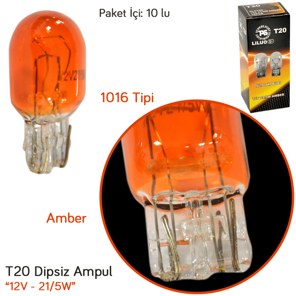 TAS Süperlight 12V T20 Ampul Büyük Dipsiz 21/5W Amber (1016 Tipi) (7515 Md.) SL3706 (10 lu)
