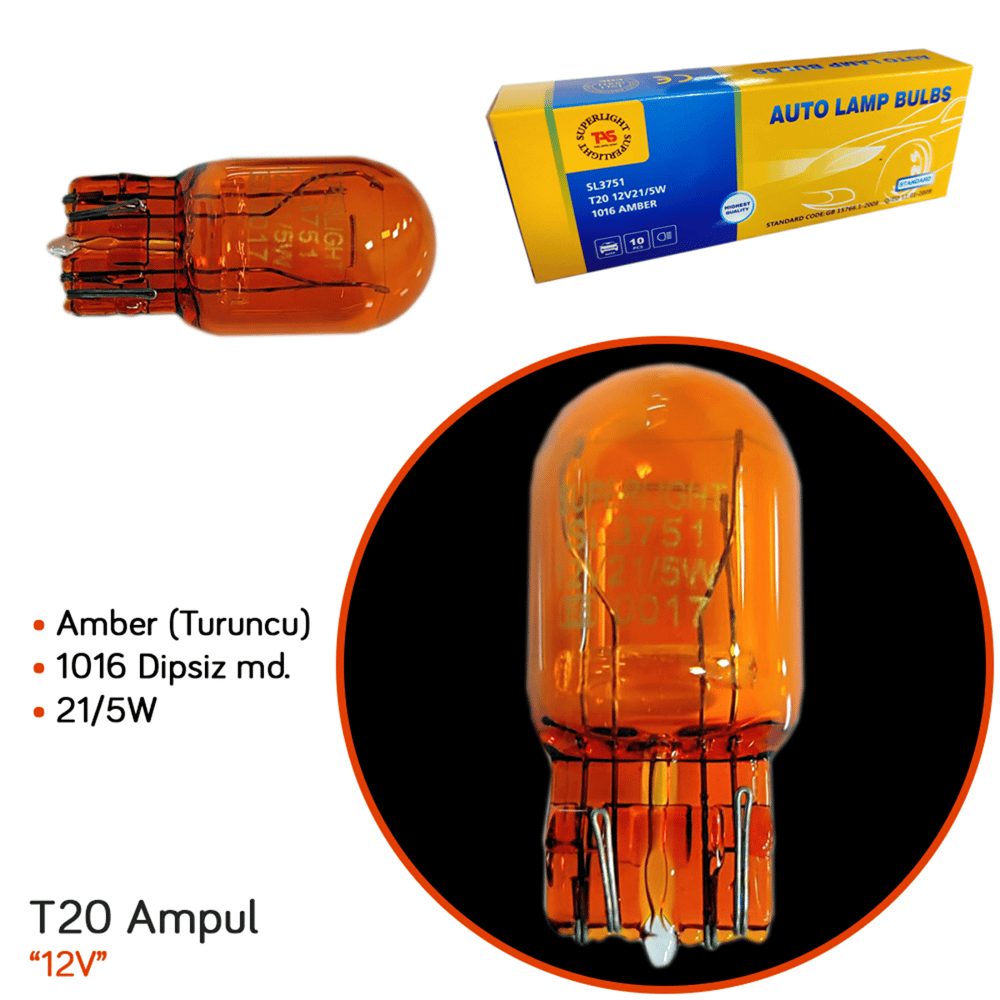 TAS Süperlight 12V T20 Ampul Dipsiz 21/5W (1016 Dipsiz) Orijinal Amber SL3751 (10 lu)