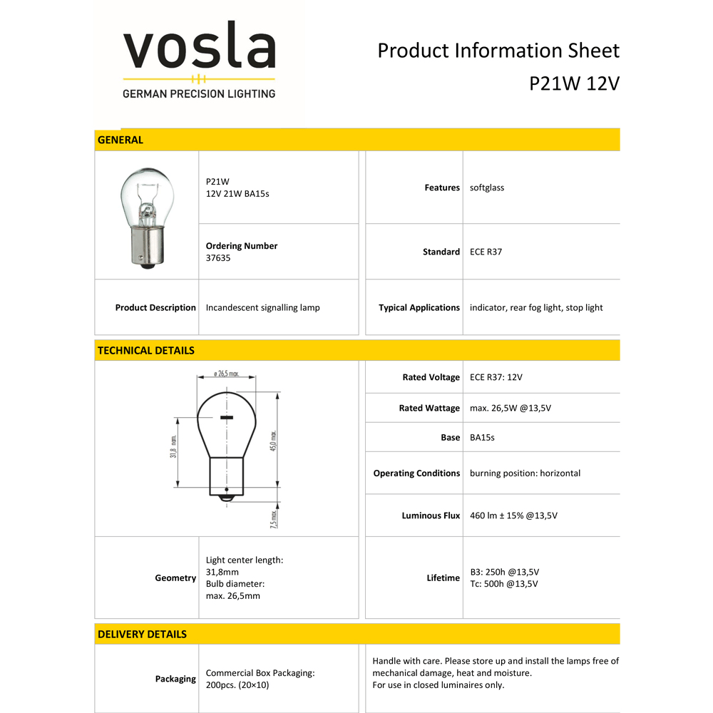Vosla 12V 93 Ampul 21W BA15s P21W VS37635 (10 lu)
