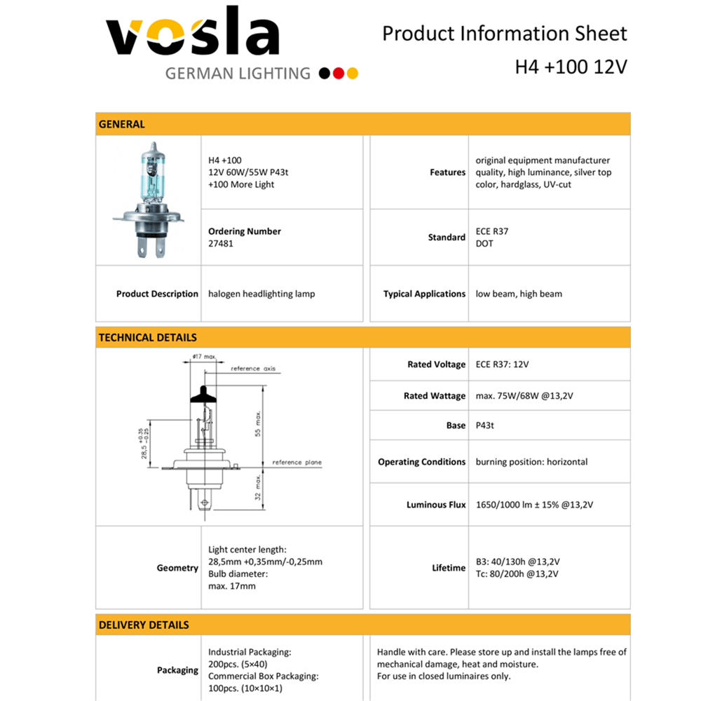 Vosla 12V H4 Ampul 60/55W +100 Fazla Işık P43t VS27481 (2 li)