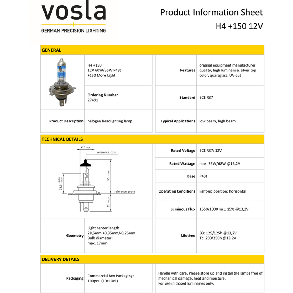 Vosla 12V H4 Ampul 60/55W +150 Fazla Işık P43t VS27491 (2 li)