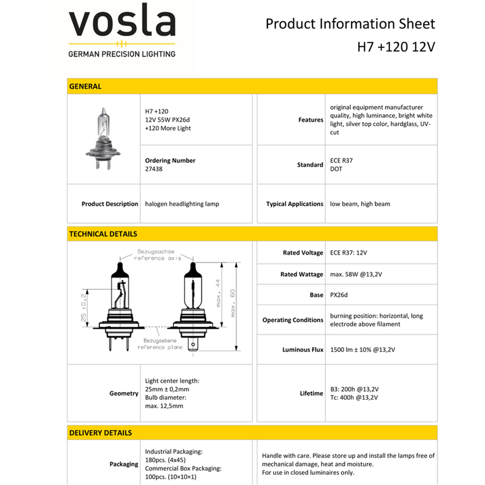 Vosla 12V H7 Ampul 55W +120 Fazla Işık PX26d VS27438 (2 li)