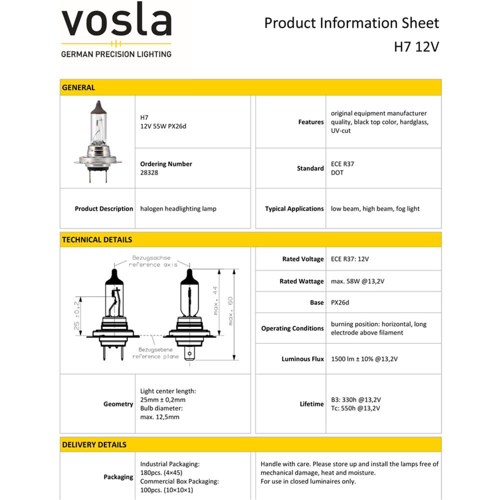 Vosla 12V H7 Ampul 55W PX26d VS28328 (2 li)