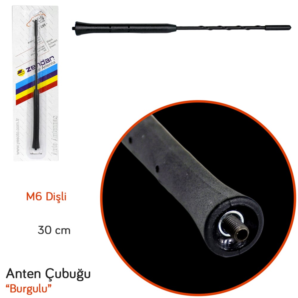Zendar Y-296V Anten Çubuğu Burgulu (M6 Dişli) 30 cm BR0025096