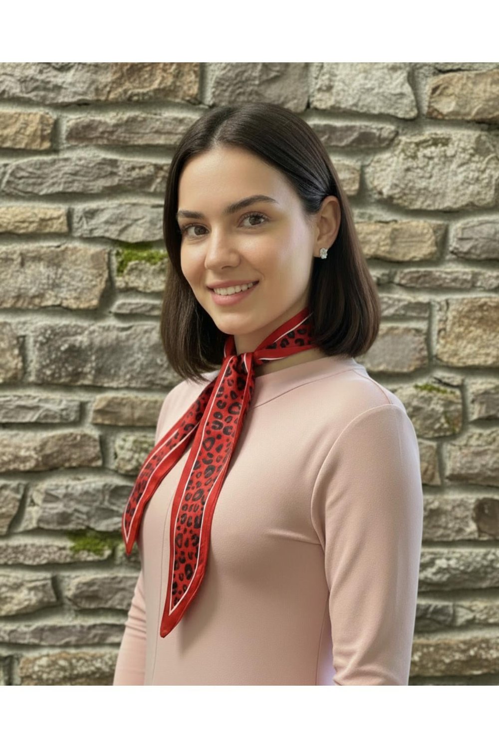 Kırmızı Leopar Şeritli Fular Bandana Estascarf 7,5x100cm