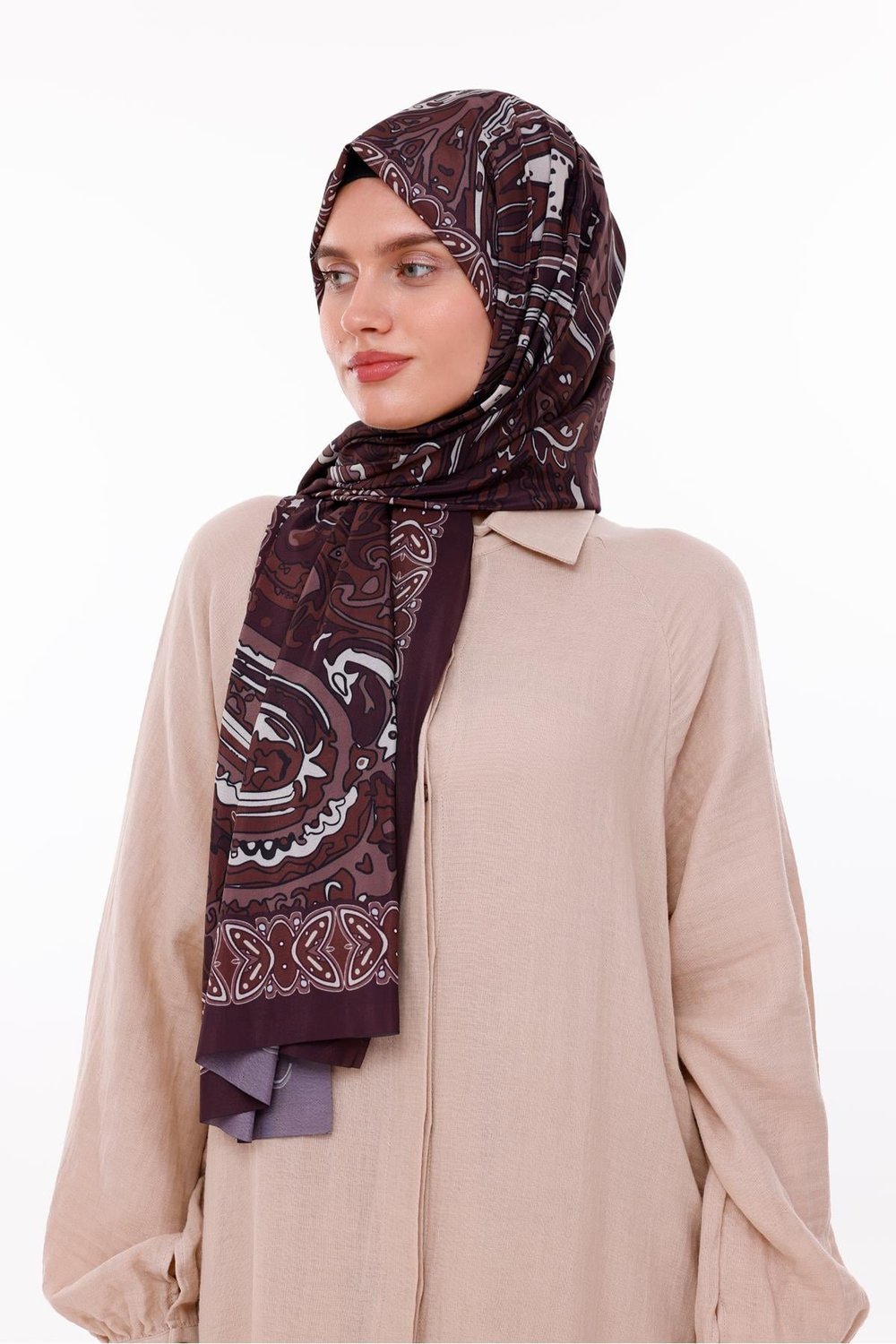Retro Desenli Kadın Şal Bordo Estascarf