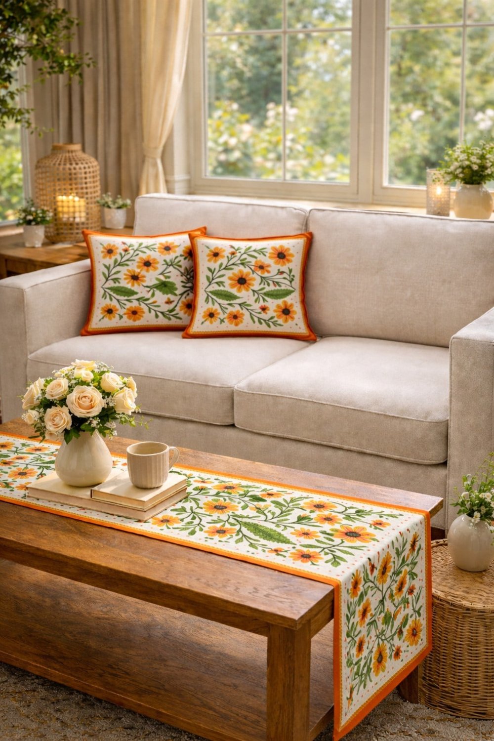 Tarzını Seç Kır Çiçek Desenli Salon Dekoru 2 Adet Kırlent Kılıfı (40x38) 1 Adet Runner (40x140) Set