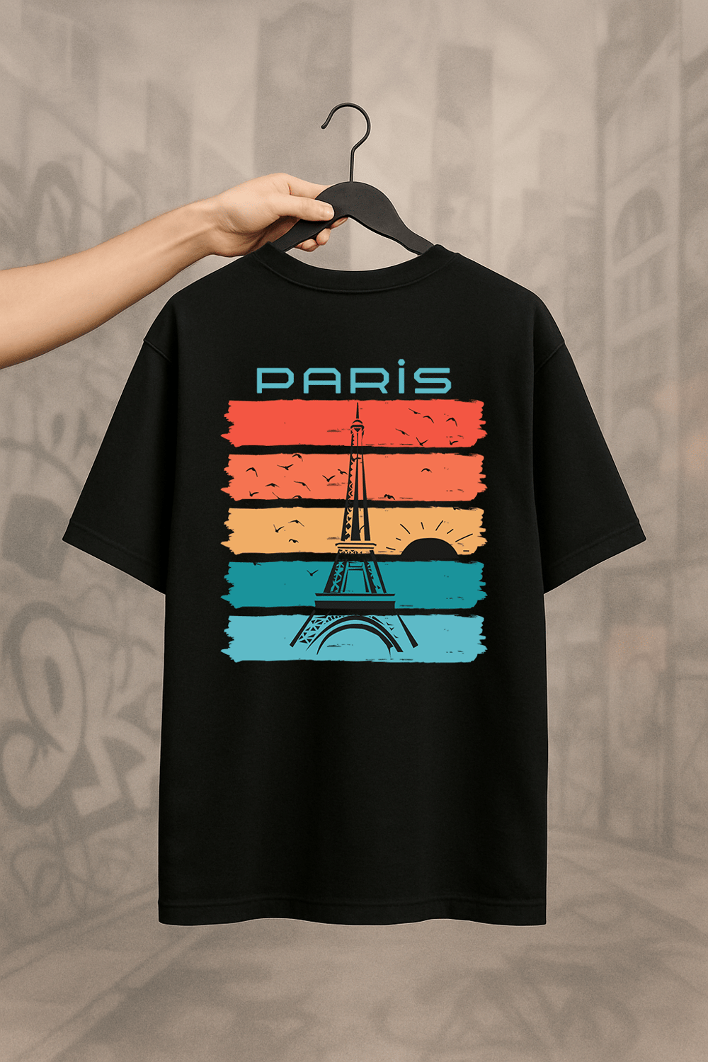 Siyah 'Paris Eiffel Tower' Oversize Tişört