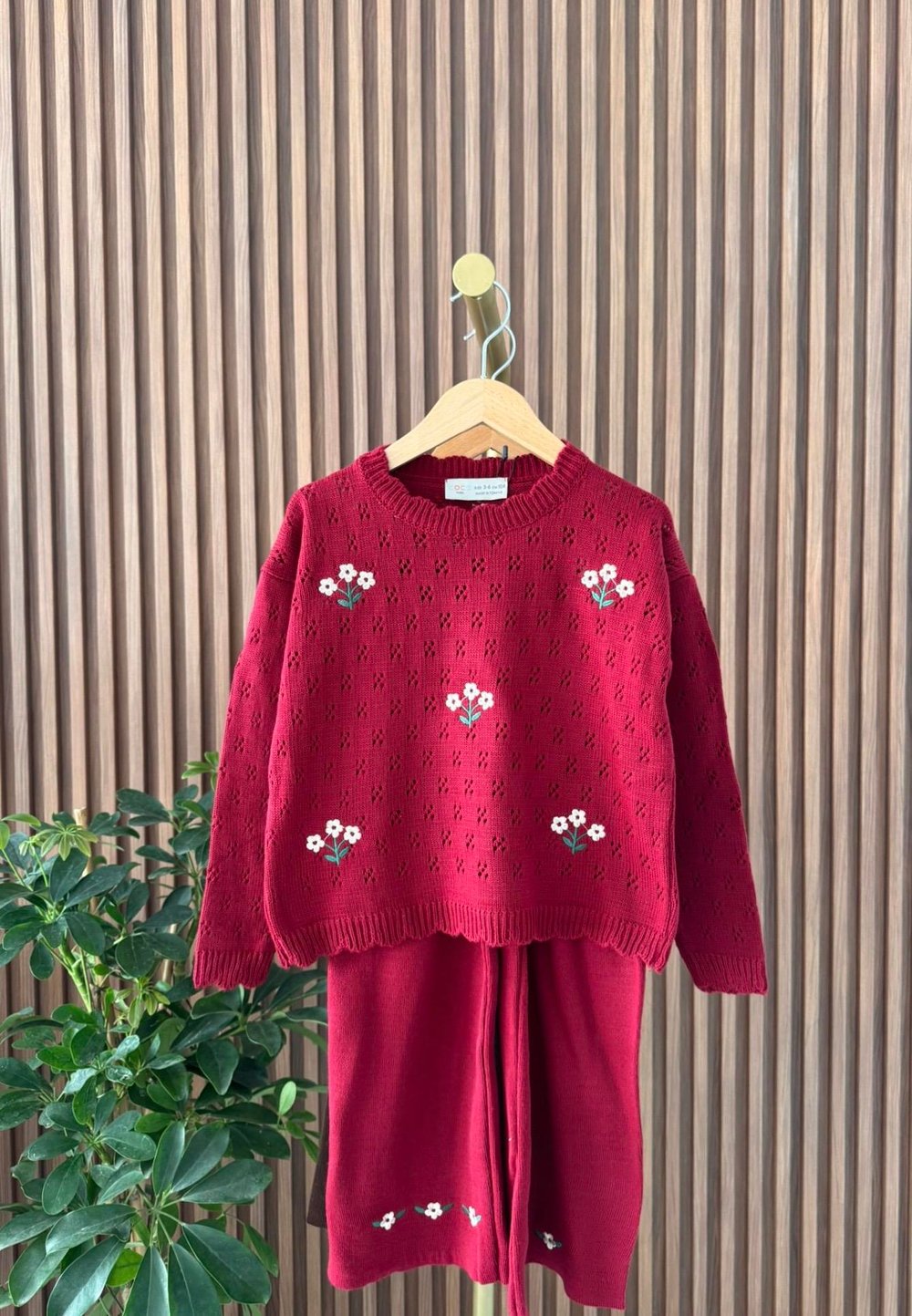 Çiçek Detaylı Triko Takım Bordo