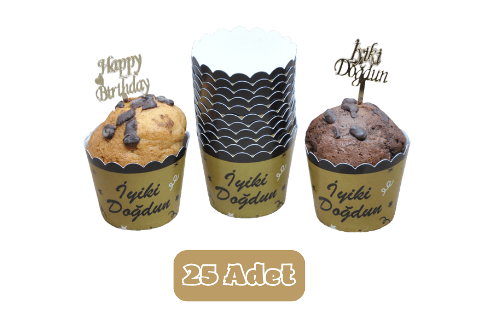Altın Üzeri Siyah İyiki Doğdun Temalı Cupcake Muffin Kalıbı