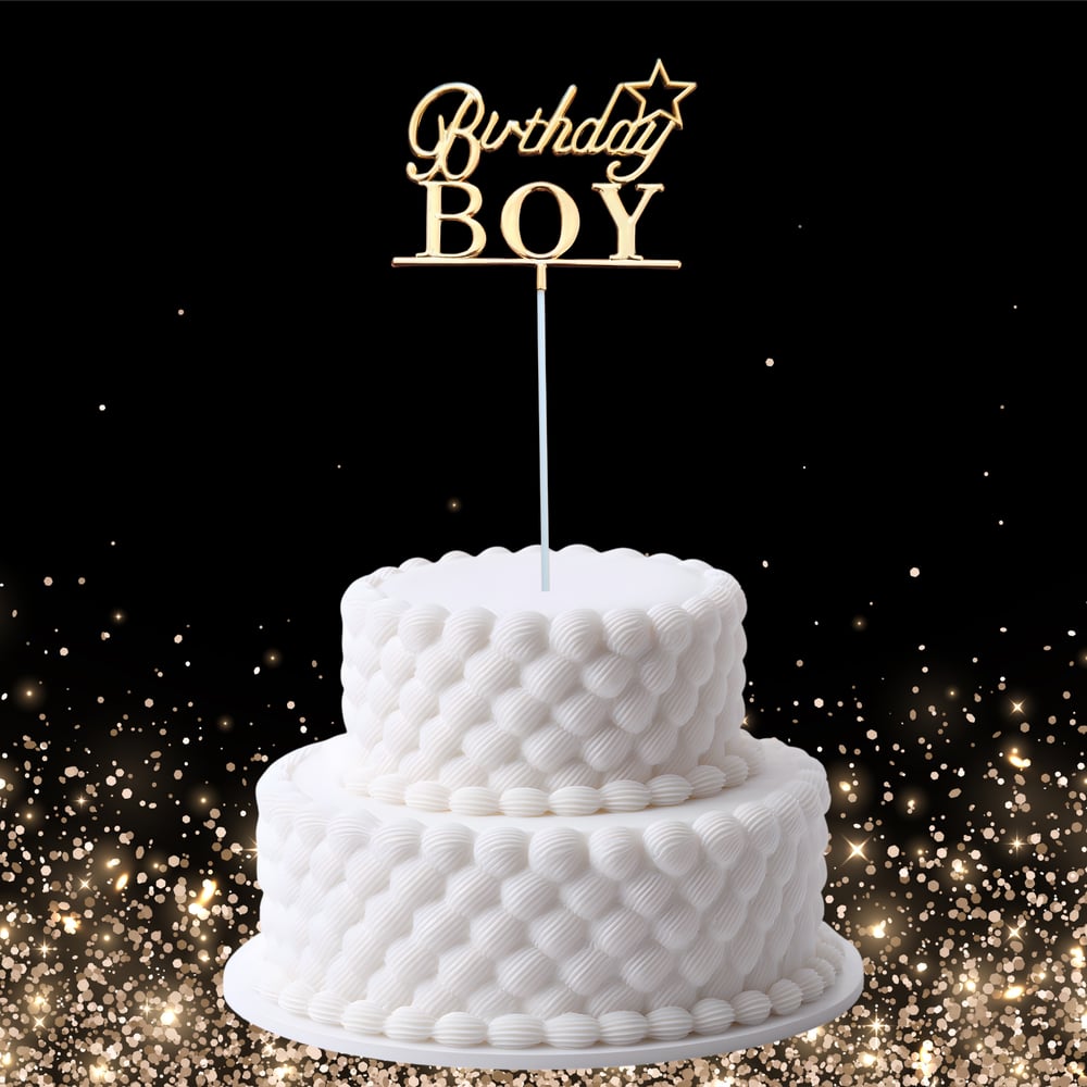 Birthday Boy Temalı Altın Metalik Mika Pasta Üstü Süs