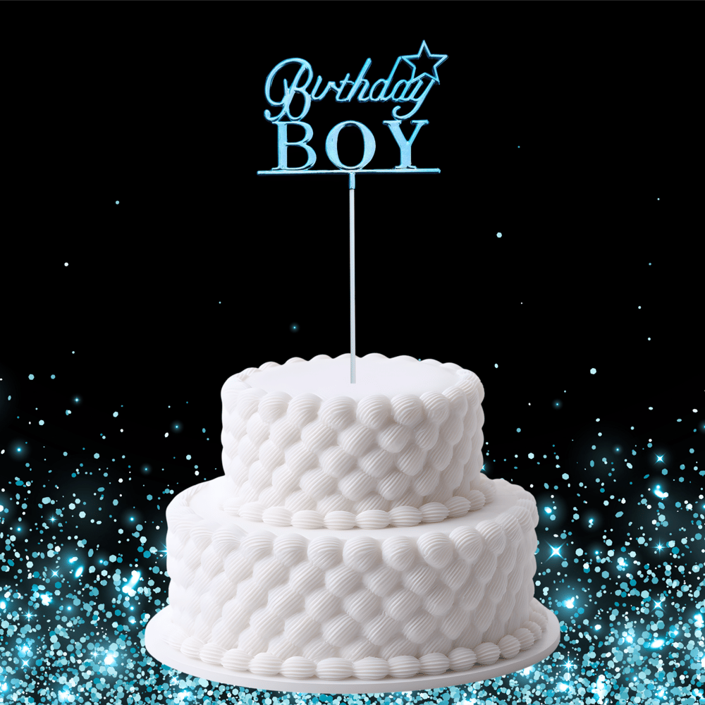 Birthday Boy Temalı Mavi Metalik Mika Pasta Üstü Süs