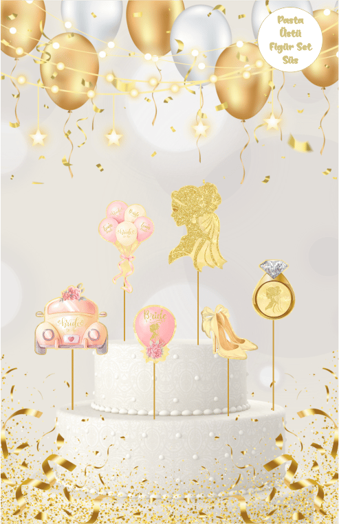 Bride Temalı Altın Pasta Üstü Figür Set