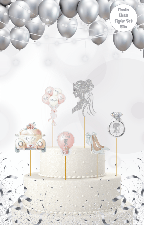 Bride Temalı Gümüş Pasta Üstü Figür Set