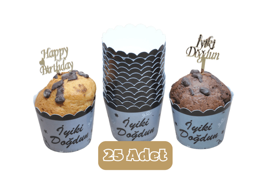 Gümüş Üzeri Siyah İyiki Doğdun Temalı Cupcake Muffin Kalıbı