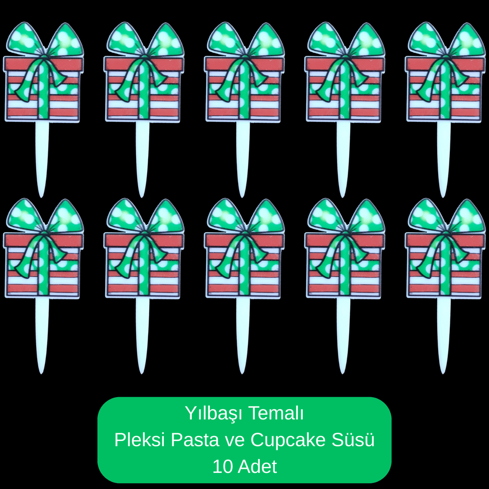 Hediye Paketi Temalı Yılbaşı Pleksi Pasta ve Cupcake Süsü - 10 Adet