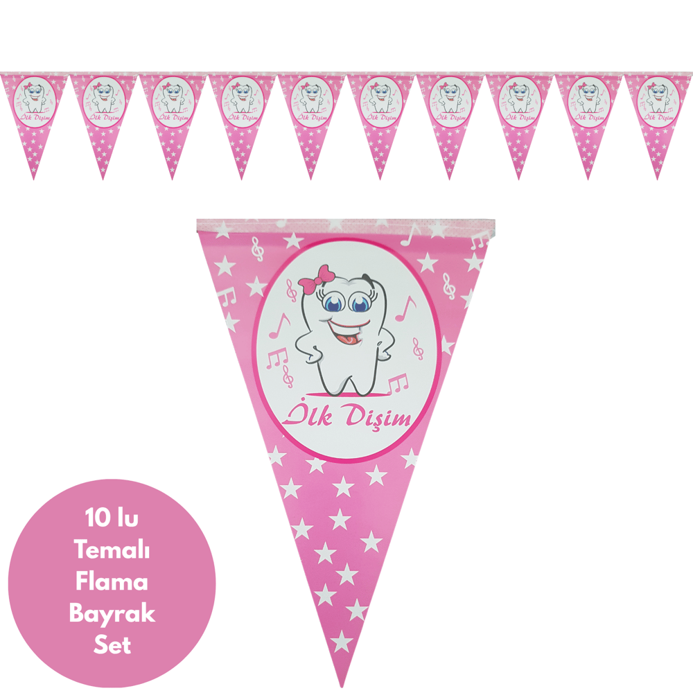 İlk Dişim Notalı Pembe Flama Bayrak Set Süs