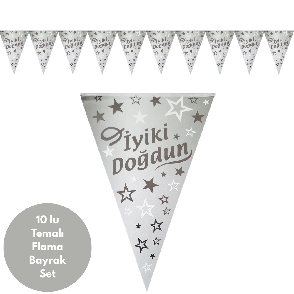 İyiki Doğdun Gümüş Siyah Flama Bayrak Set Süs