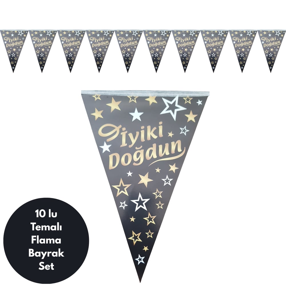 İyiki Doğdun Siyah Altın Yıldızlı Flama Bayrak Set Süs