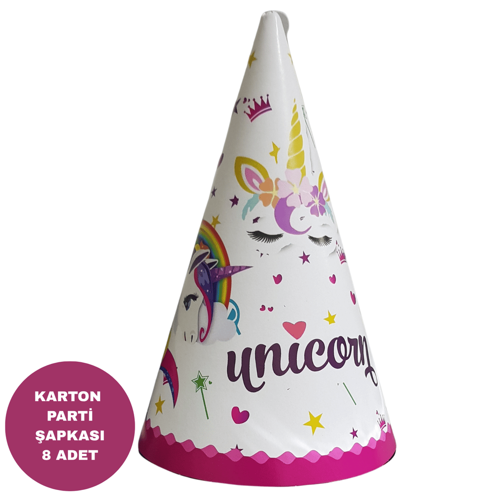 Karton Parti Şapkası Unicorn Temalı 8 Adet