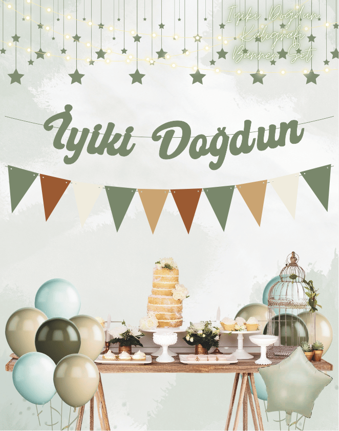 Küf Yeşili İyi ki Doğdun Kaligrafi Banner ve Düz Renk Flama Set