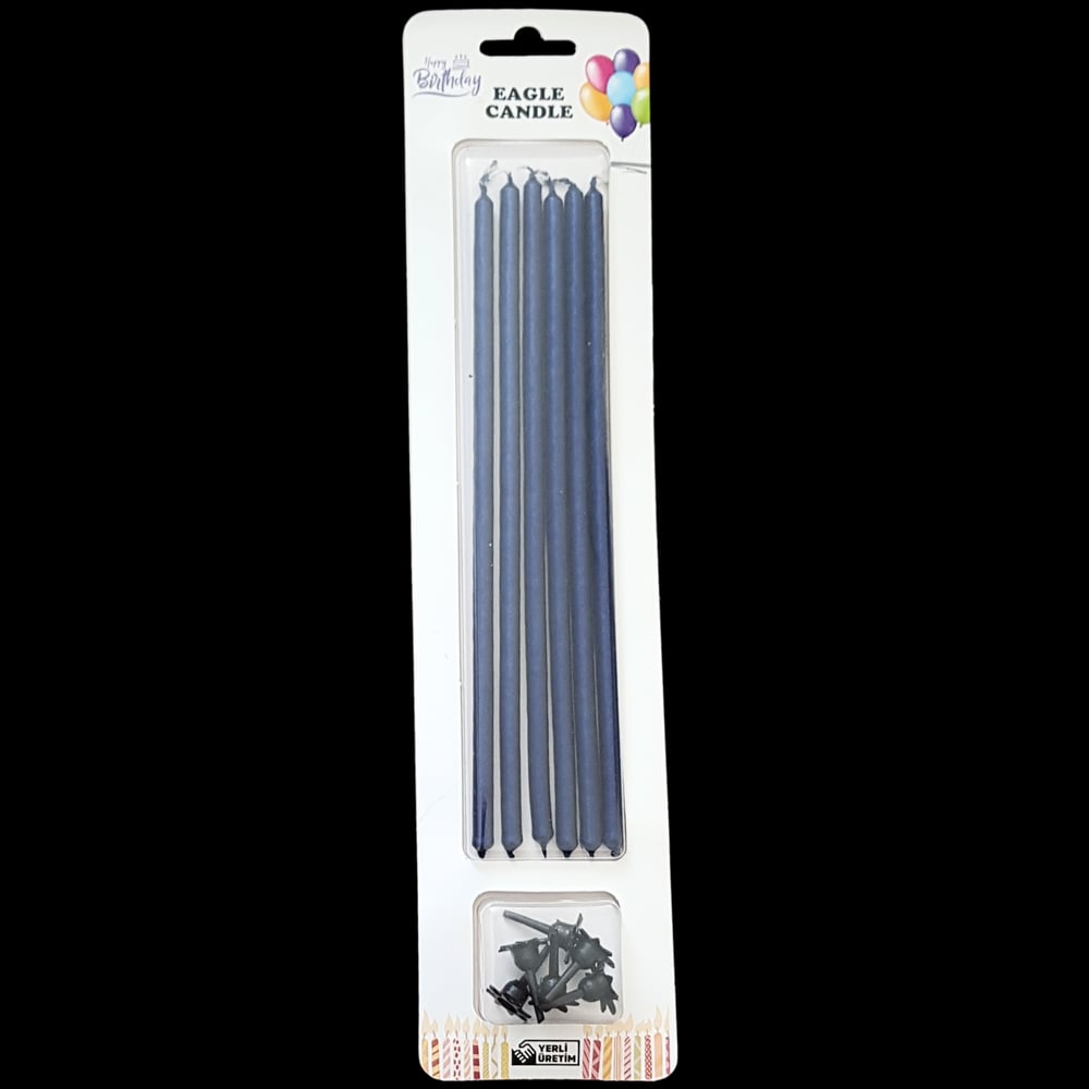 Lacivert Metalik İnce Uzun Pasta Mum 20 cm * 6 Adet